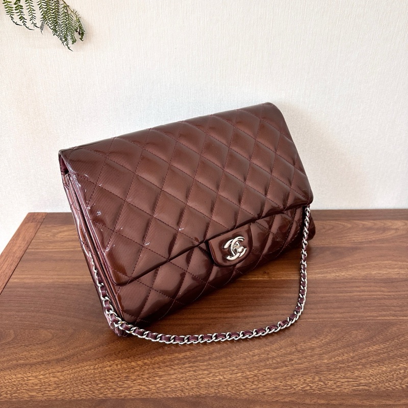 Chanel香奈兒 CF jumbo酒紅色 漆皮單蓋銀鏈 日常通勤非常實用-1