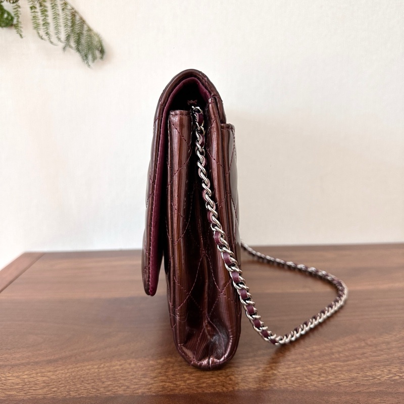 Chanel香奈兒 CF jumbo酒紅色 漆皮單蓋銀鏈 日常通勤非常實用-4