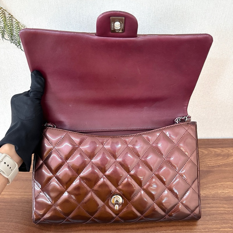 Chanel香奈兒 CF jumbo酒紅色 漆皮單蓋銀鏈 日常通勤非常實用-7