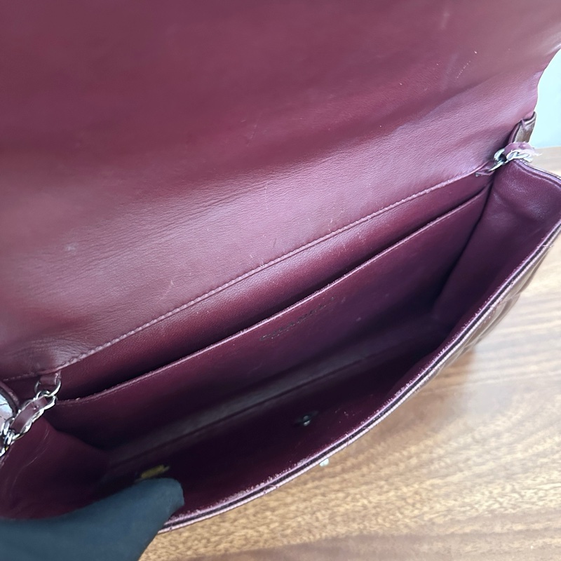 Chanel香奈兒 CF jumbo酒紅色 漆皮單蓋銀鏈 日常通勤非常實用-8