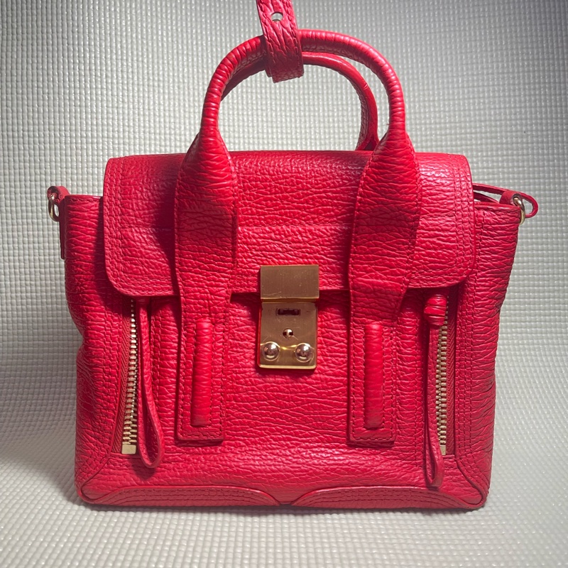 不走平台費 正品3.1 Phillip Lim Pashli 金扣式小牛皮手提/斜背包(紅)-0