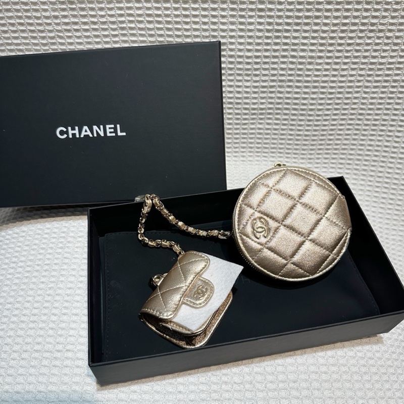 閒置新CHANEL香奈兒25C 香檳金羊皮圓餅包二合一鏈條包耳機包～芯片款-1