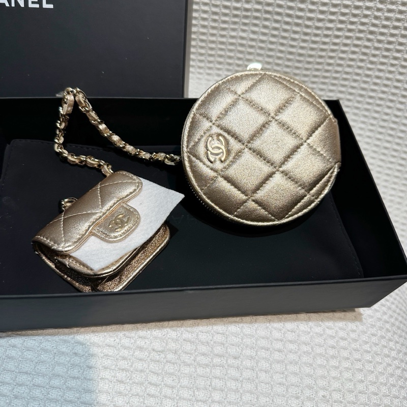 閒置新CHANEL香奈兒25C 香檳金羊皮圓餅包二合一鏈條包耳機包～芯片款-2