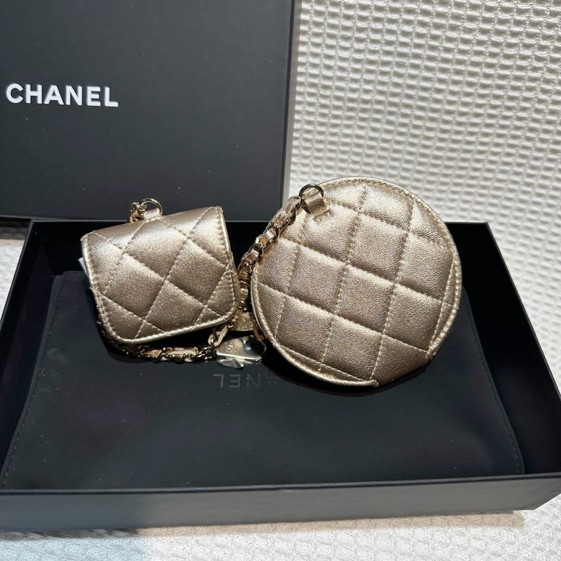 閒置新CHANEL香奈兒25C 香檳金羊皮圓餅包二合一鏈條包耳機包～芯片款-3