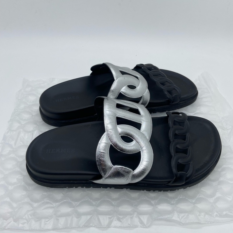 HERMES愛馬仕銀色豬鼻子拖鞋，38.5碼 🈚附件-0
