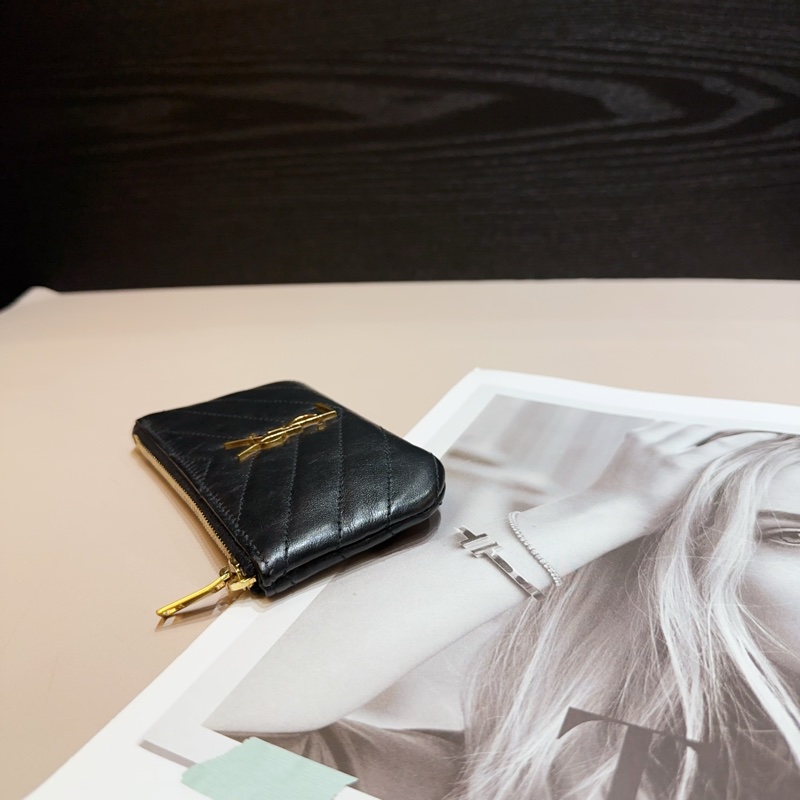 YSL 黑羊皮山形紋金釦零錢包-4
