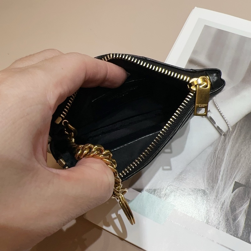 YSL 黑羊皮山形紋金釦零錢包-5
