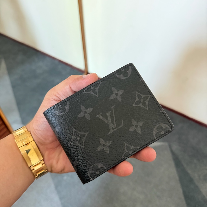 Lv黑色老花對開短夾 芯片款-0