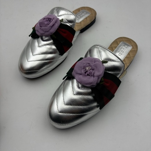 gucci古馳 銀色半拖/ 有鞋盒35碼