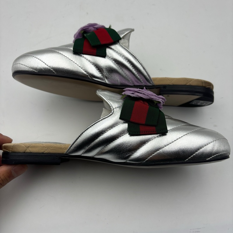 gucci古馳 銀色半拖/ 有鞋盒35碼-2