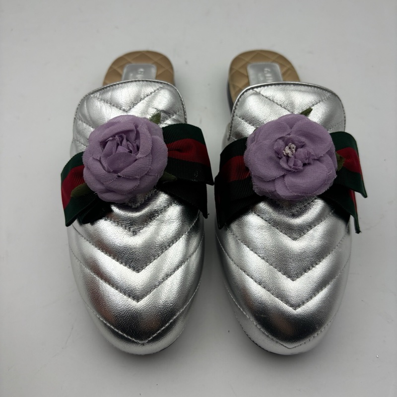 gucci古馳 銀色半拖/ 有鞋盒35碼-3