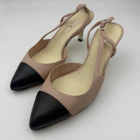 chanel香奈兒黑粉珍珠高跟涼鞋/無盒/37碼 S印