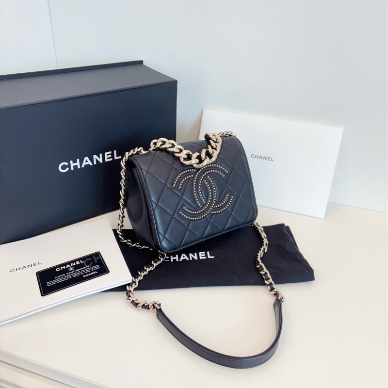 Chanel 香奈兒 黑金外縫鉚釘 金珠大雙C翻蓋方胖子-1