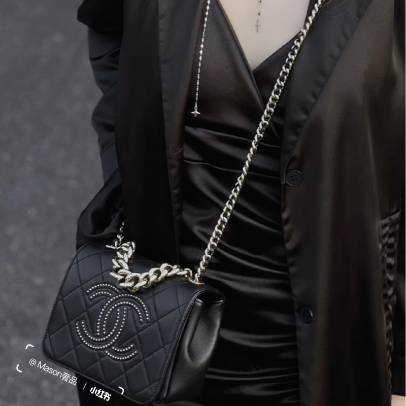 Chanel 香奈兒 黑金外縫鉚釘 金珠大雙C翻蓋方胖子-6