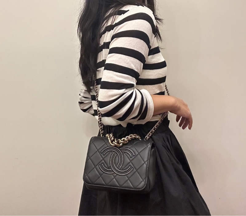 Chanel 香奈兒 黑金外縫鉚釘 金珠大雙C翻蓋方胖子-9