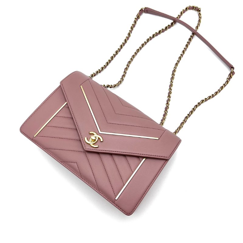 CHANEL 粉色金扣V紋信封包 24*16*8 98新配件塵袋-3