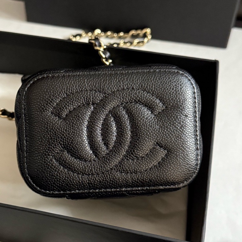 99新chanel香奈兒 黑色金扣荔枝紋牛皮盒子包單肩斜挎包 鏡子原膜在 24年芯片款有盒子 塵袋 尺寸：10*7*9cm。-2