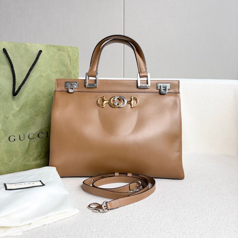 Gucci ZUMI手提斜背包大號 棕色牛皮 34*26*11 98新配件塵袋 肩帶-1