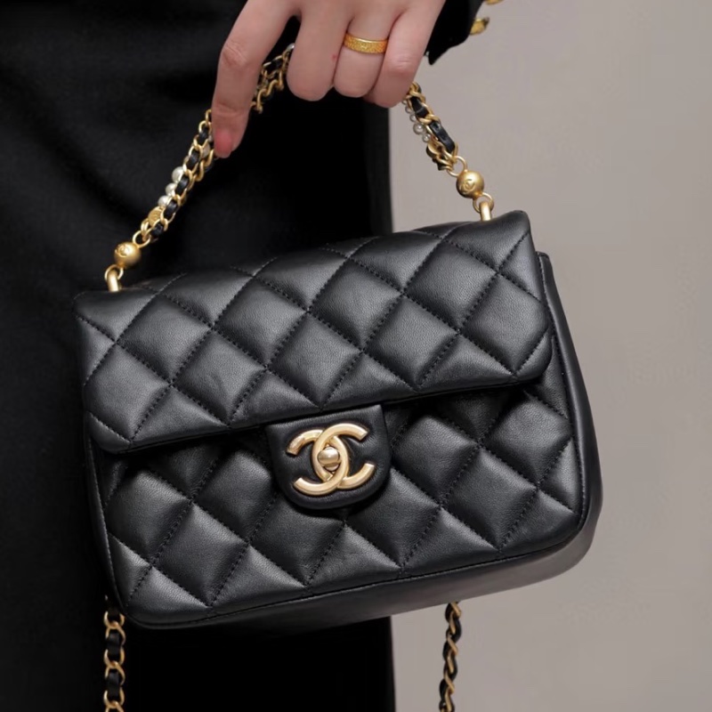 🧿CHANEL香奈兒黑金菱格紋羊皮珍珠方胖子鏈條包芯片款-0