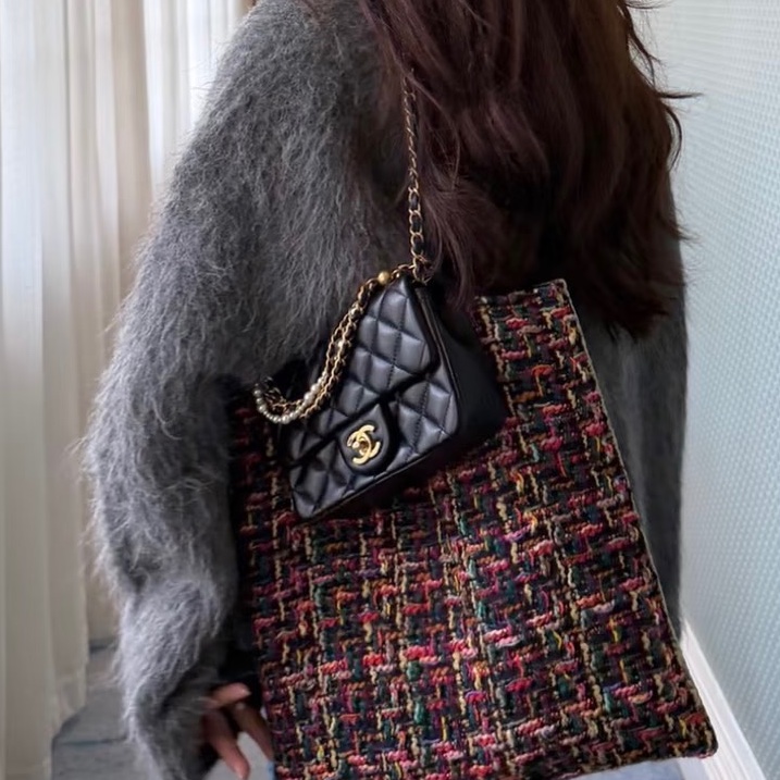 🧿CHANEL香奈兒黑金菱格紋羊皮珍珠方胖子鏈條包芯片款-1