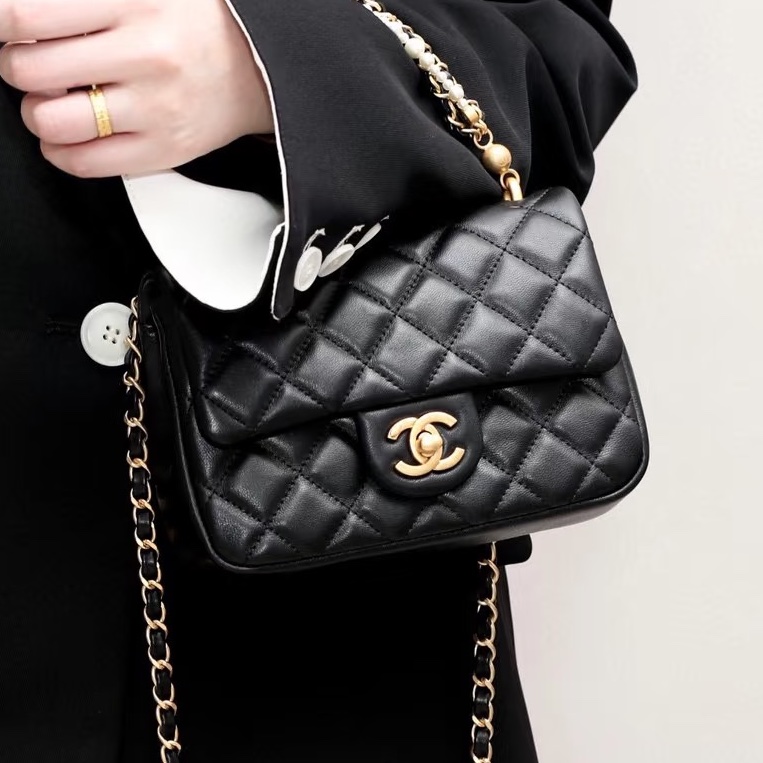 🧿CHANEL香奈兒黑金菱格紋羊皮珍珠方胖子鏈條包芯片款-2