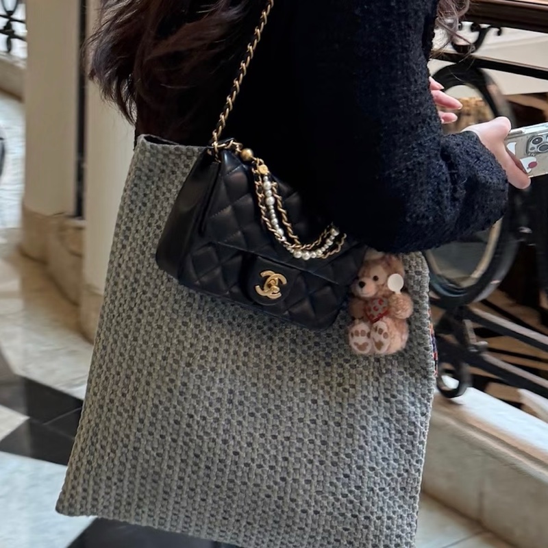 🧿CHANEL香奈兒黑金菱格紋羊皮珍珠方胖子鏈條包芯片款-3