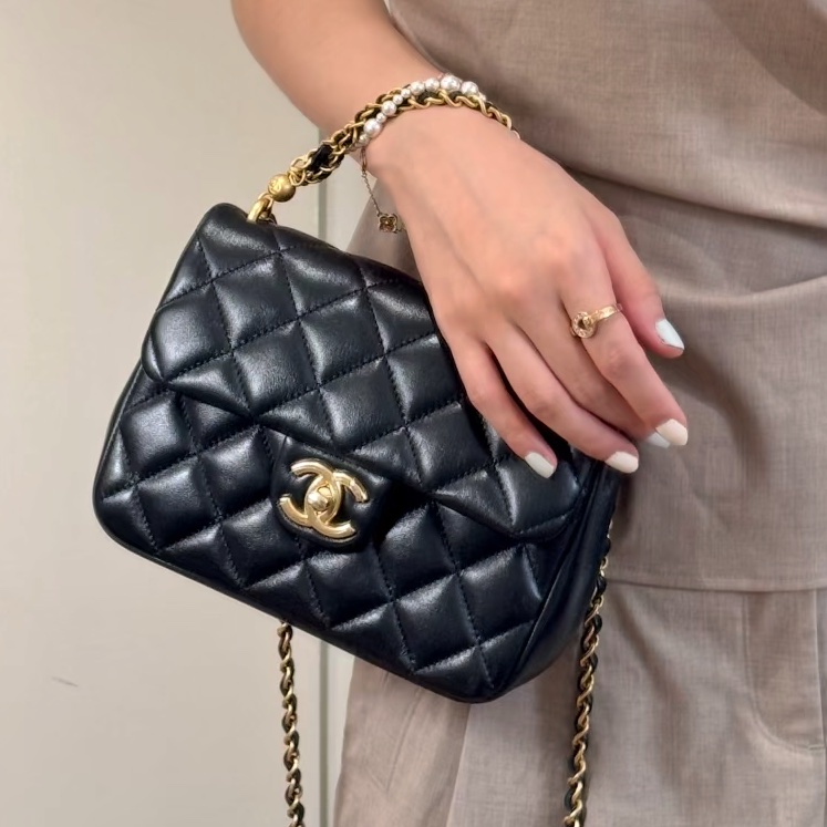 🧿CHANEL香奈兒黑金菱格紋羊皮珍珠方胖子鏈條包芯片款-4
