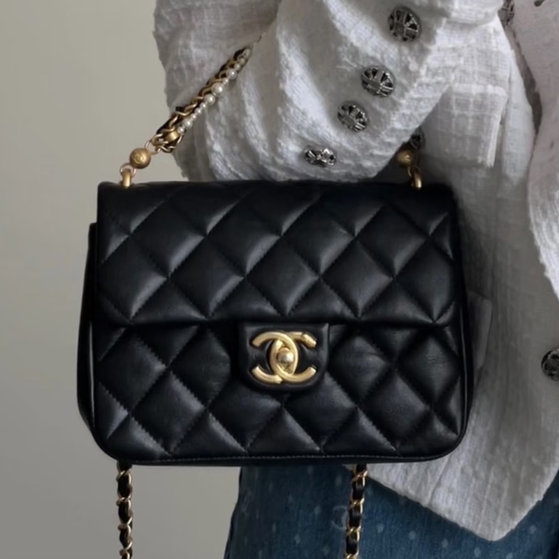 🧿CHANEL香奈兒黑金菱格紋羊皮珍珠方胖子鏈條包芯片款-5
