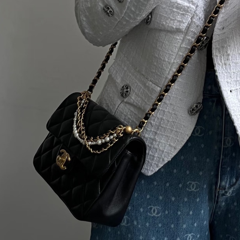 🧿CHANEL香奈兒黑金菱格紋羊皮珍珠方胖子鏈條包芯片款-6
