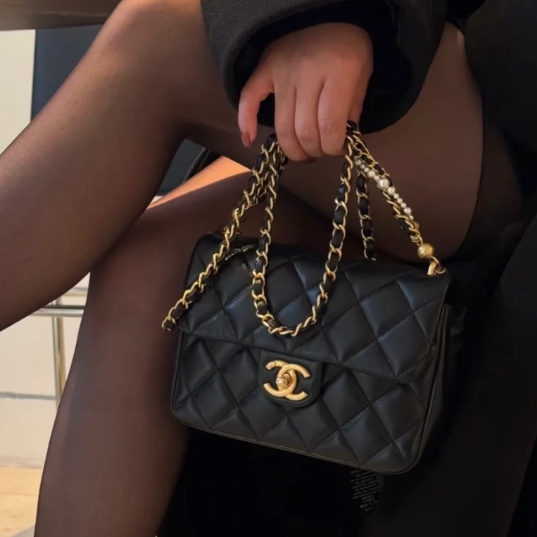 🧿CHANEL香奈兒黑金菱格紋羊皮珍珠方胖子鏈條包芯片款-8