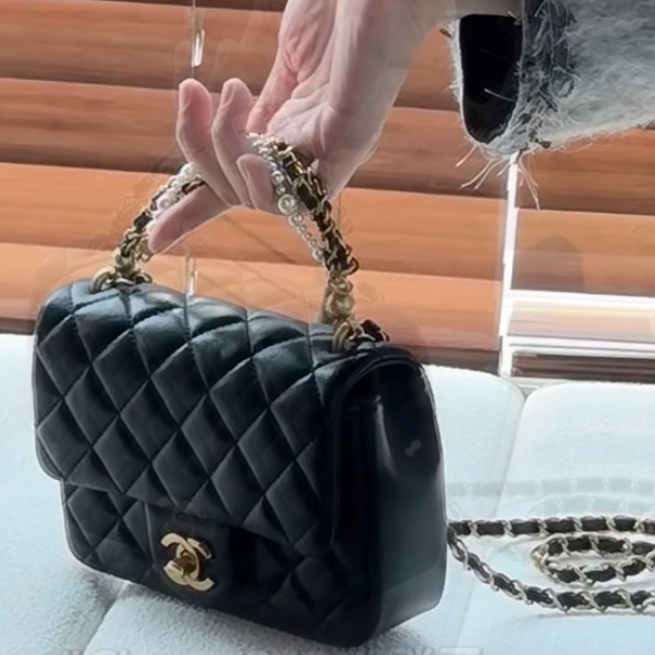 🧿CHANEL香奈兒黑金菱格紋羊皮珍珠方胖子鏈條包芯片款-9
