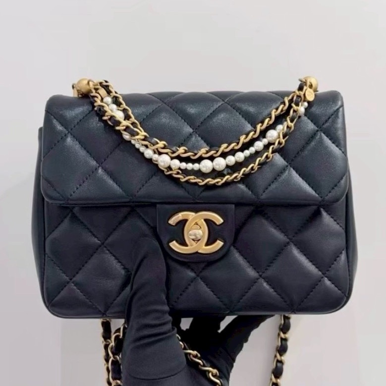 🧿CHANEL香奈兒黑金菱格紋羊皮珍珠方胖子鏈條包芯片款-10