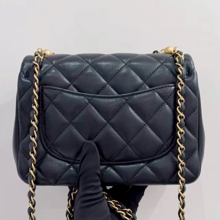 🧿CHANEL香奈兒黑金菱格紋羊皮珍珠方胖子鏈條包芯片款-11