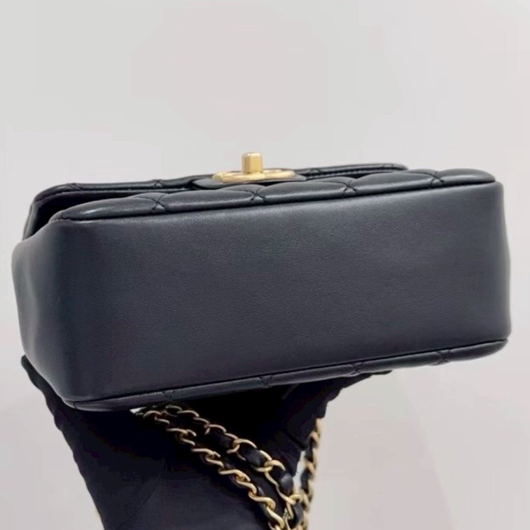 🧿CHANEL香奈兒黑金菱格紋羊皮珍珠方胖子鏈條包芯片款-12