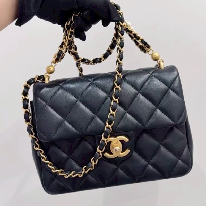 🧿CHANEL香奈兒黑金菱格紋羊皮珍珠方胖子鏈條包芯片款-14