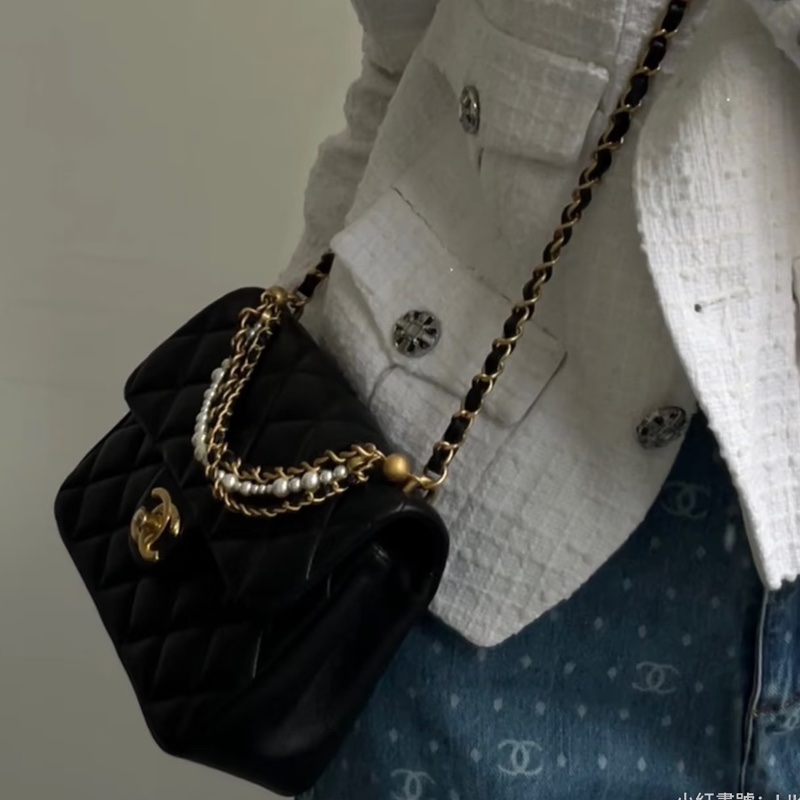 🧿CHANEL香奈兒黑金菱格紋羊皮珍珠方胖子鏈條包芯片款-15