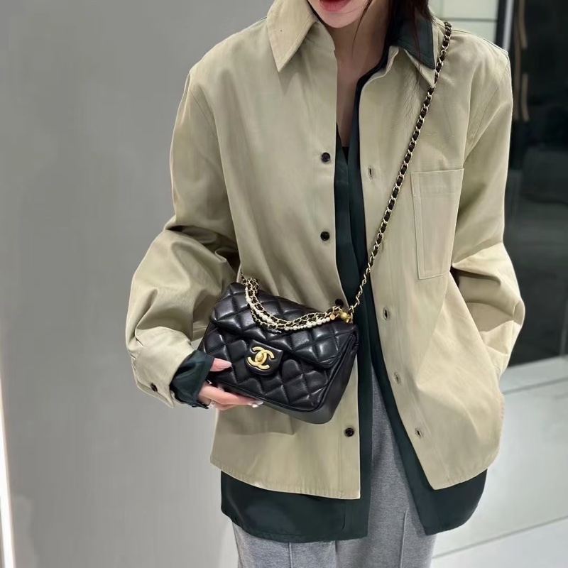 🧿CHANEL香奈兒黑金菱格紋羊皮珍珠方胖子鏈條包芯片款-16