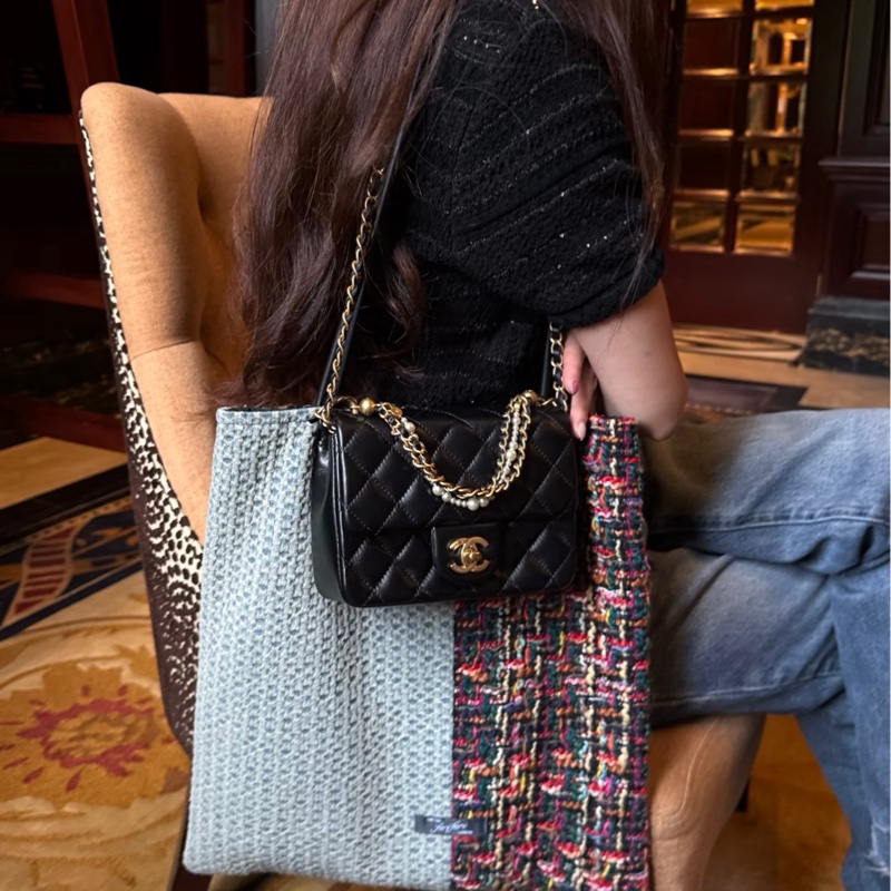 🧿CHANEL香奈兒黑金菱格紋羊皮珍珠方胖子鏈條包芯片款-17