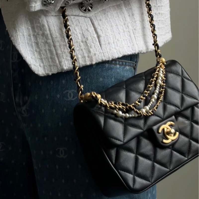 🧿CHANEL香奈兒黑金菱格紋羊皮珍珠方胖子鏈條包芯片款-19