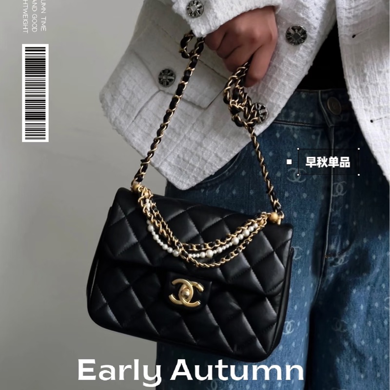 🧿CHANEL香奈兒黑金菱格紋羊皮珍珠方胖子鏈條包芯片款-21