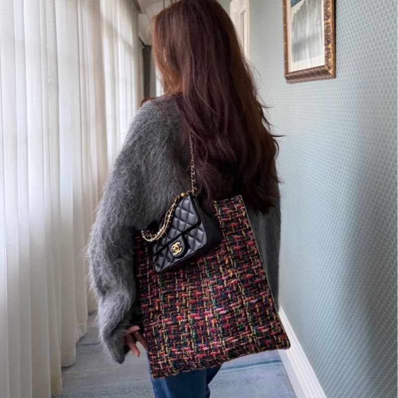 🧿CHANEL香奈兒黑金菱格紋羊皮珍珠方胖子鏈條包芯片款-23