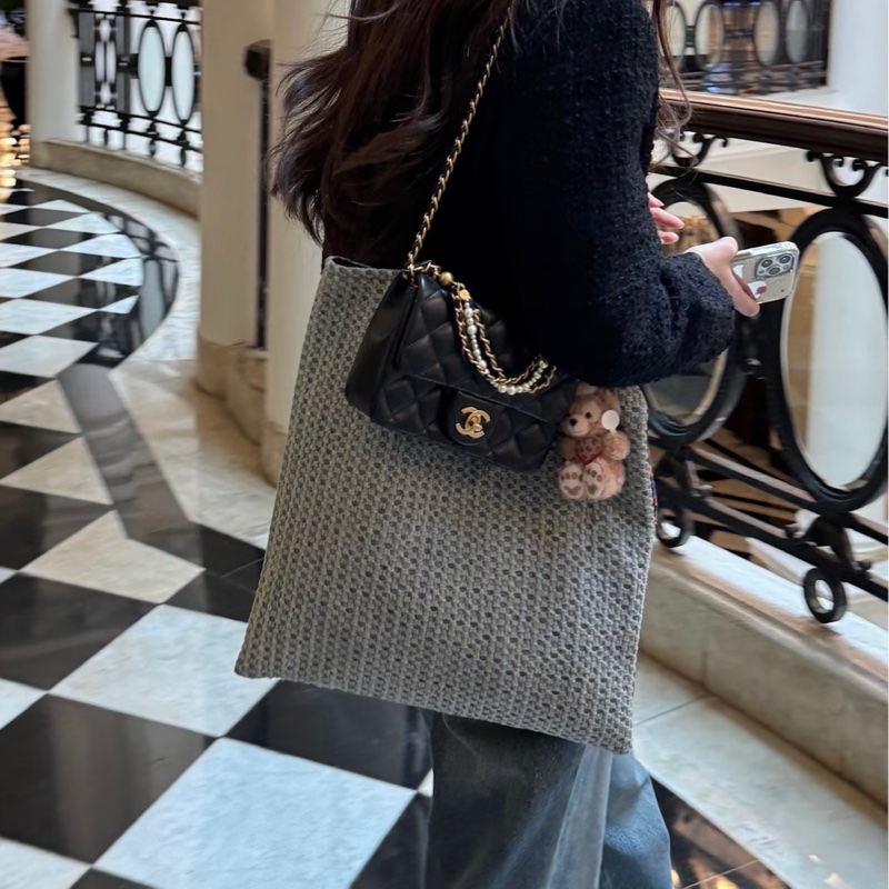 🧿CHANEL香奈兒黑金菱格紋羊皮珍珠方胖子鏈條包芯片款-24