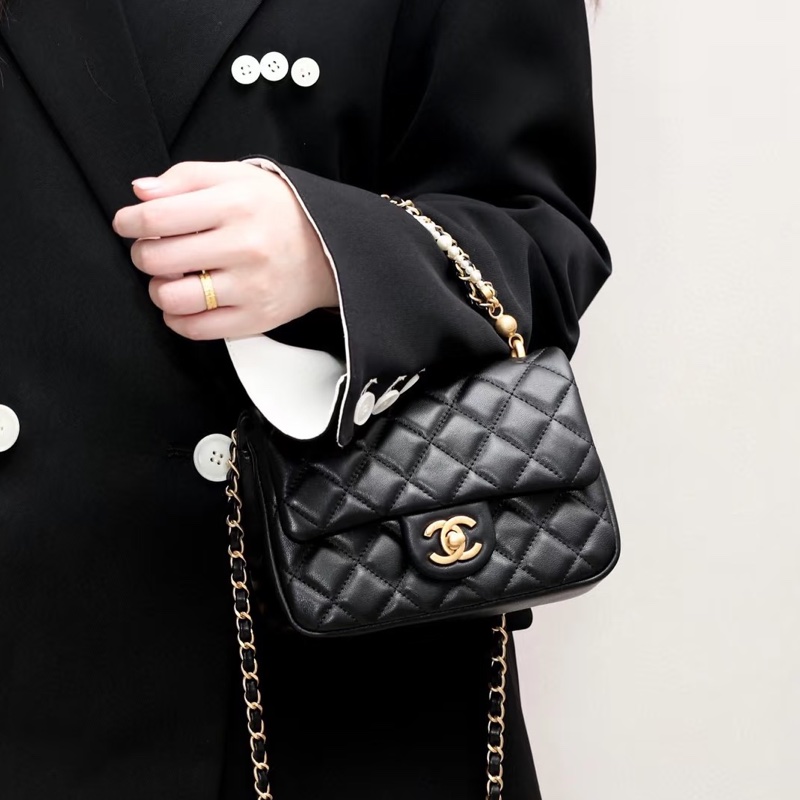 🧿CHANEL香奈兒黑金菱格紋羊皮珍珠方胖子鏈條包芯片款-25