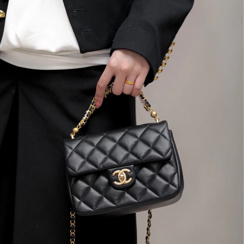 🧿CHANEL香奈兒黑金菱格紋羊皮珍珠方胖子鏈條包芯片款-26