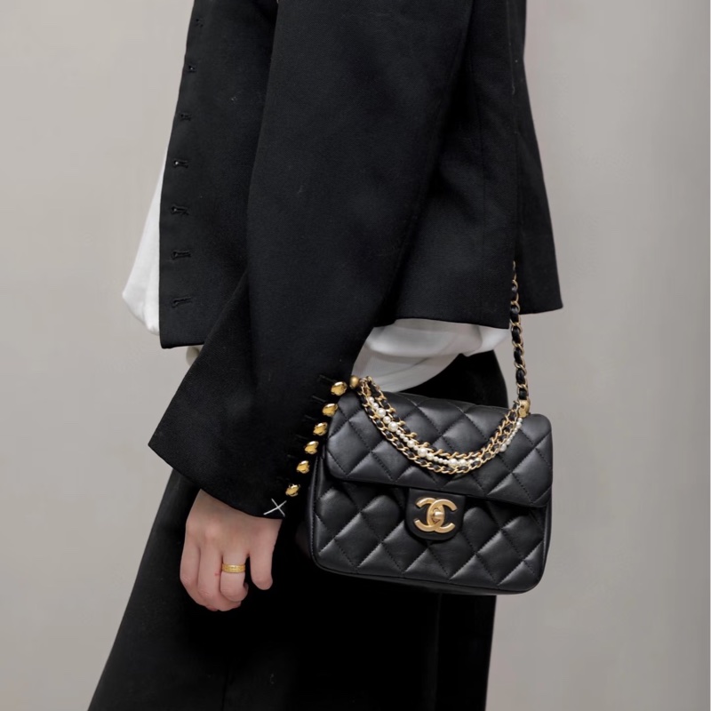 🧿CHANEL香奈兒黑金菱格紋羊皮珍珠方胖子鏈條包芯片款-27