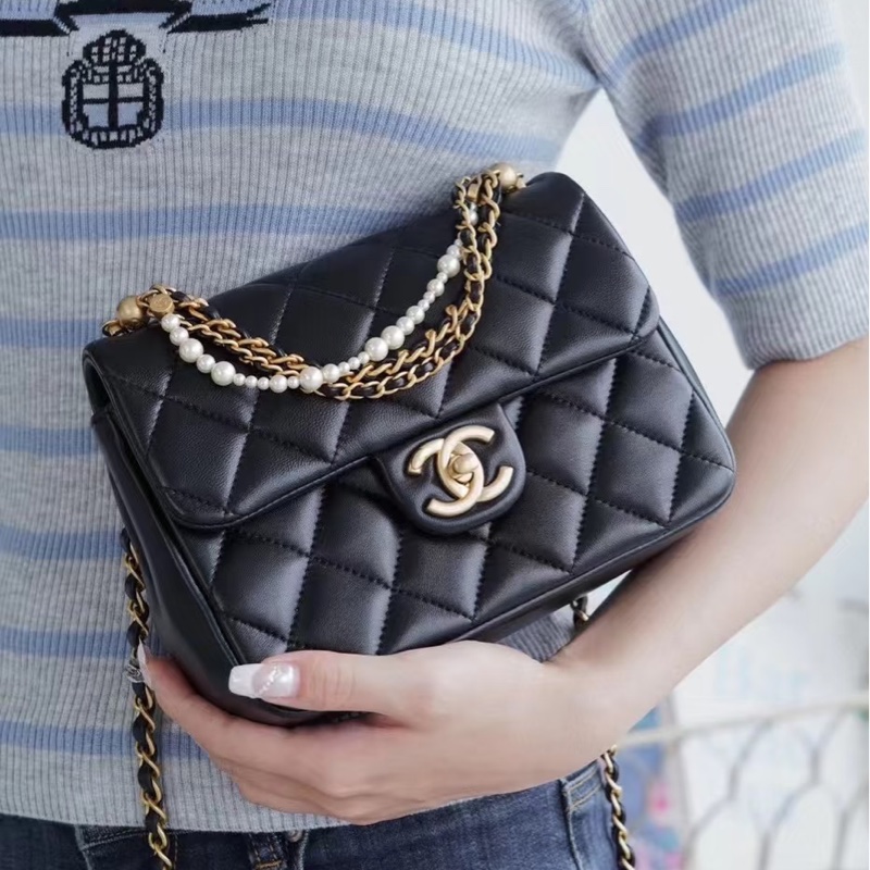 🧿CHANEL香奈兒黑金菱格紋羊皮珍珠方胖子鏈條包芯片款-28