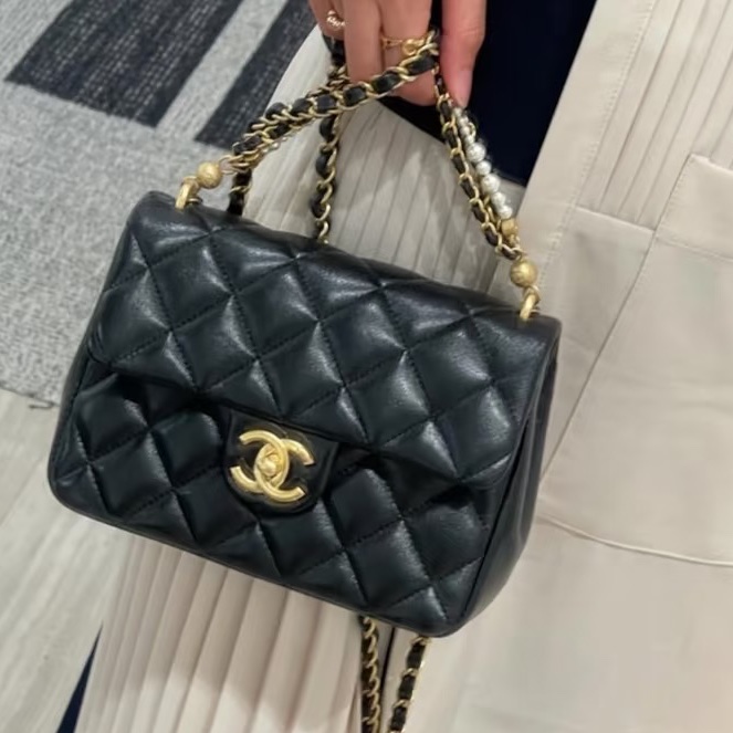 🧿CHANEL香奈兒黑金菱格紋羊皮珍珠方胖子鏈條包芯片款-29