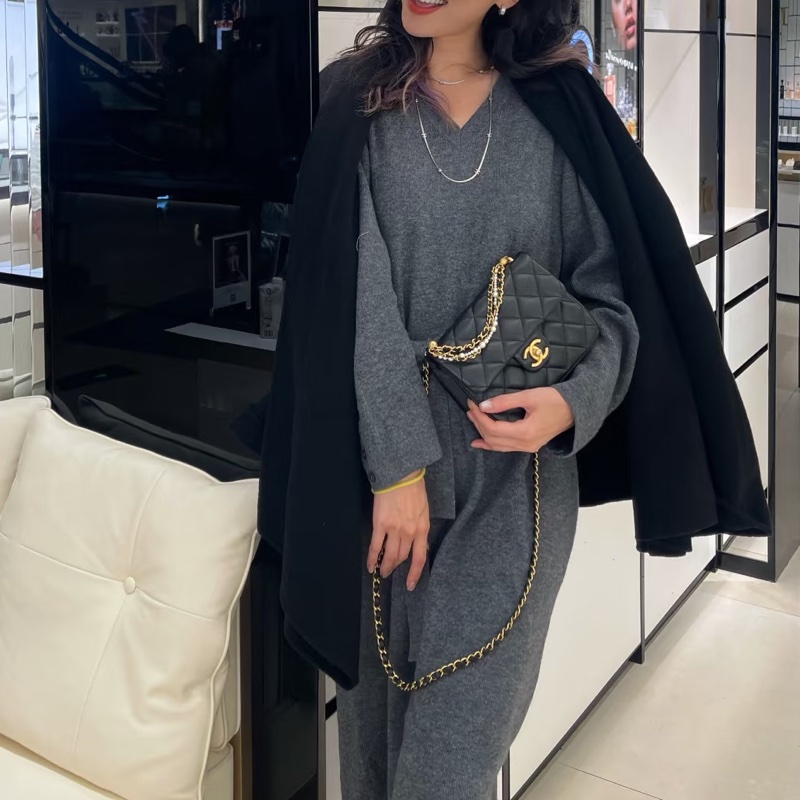 🧿CHANEL香奈兒黑金菱格紋羊皮珍珠方胖子鏈條包芯片款-30