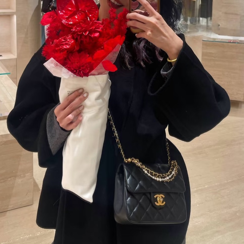 🧿CHANEL香奈兒黑金菱格紋羊皮珍珠方胖子鏈條包芯片款-31