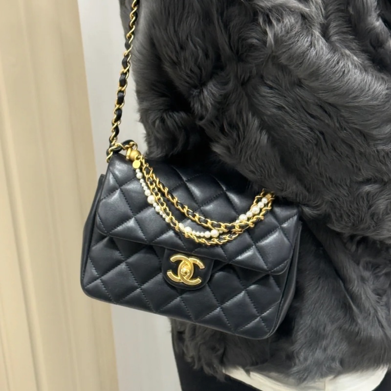 🧿CHANEL香奈兒黑金菱格紋羊皮珍珠方胖子鏈條包芯片款-32